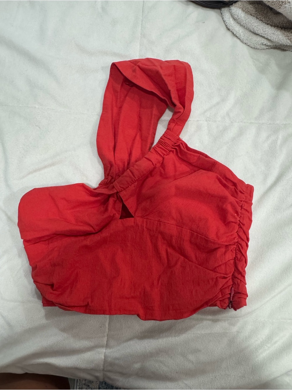 Red one shoulder crop top ruched side detail